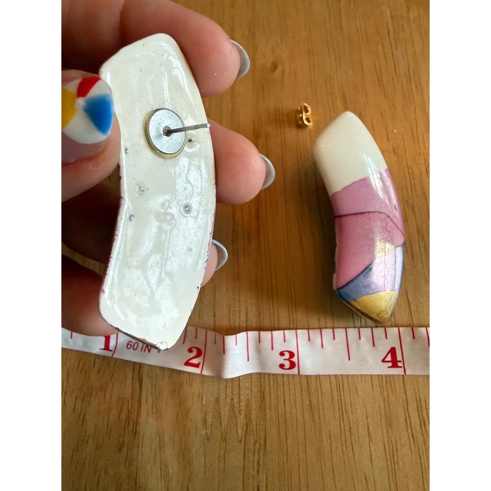Handmade Ceramic Abstract Post Earrings Pink Purple Gold Glazed Statement
